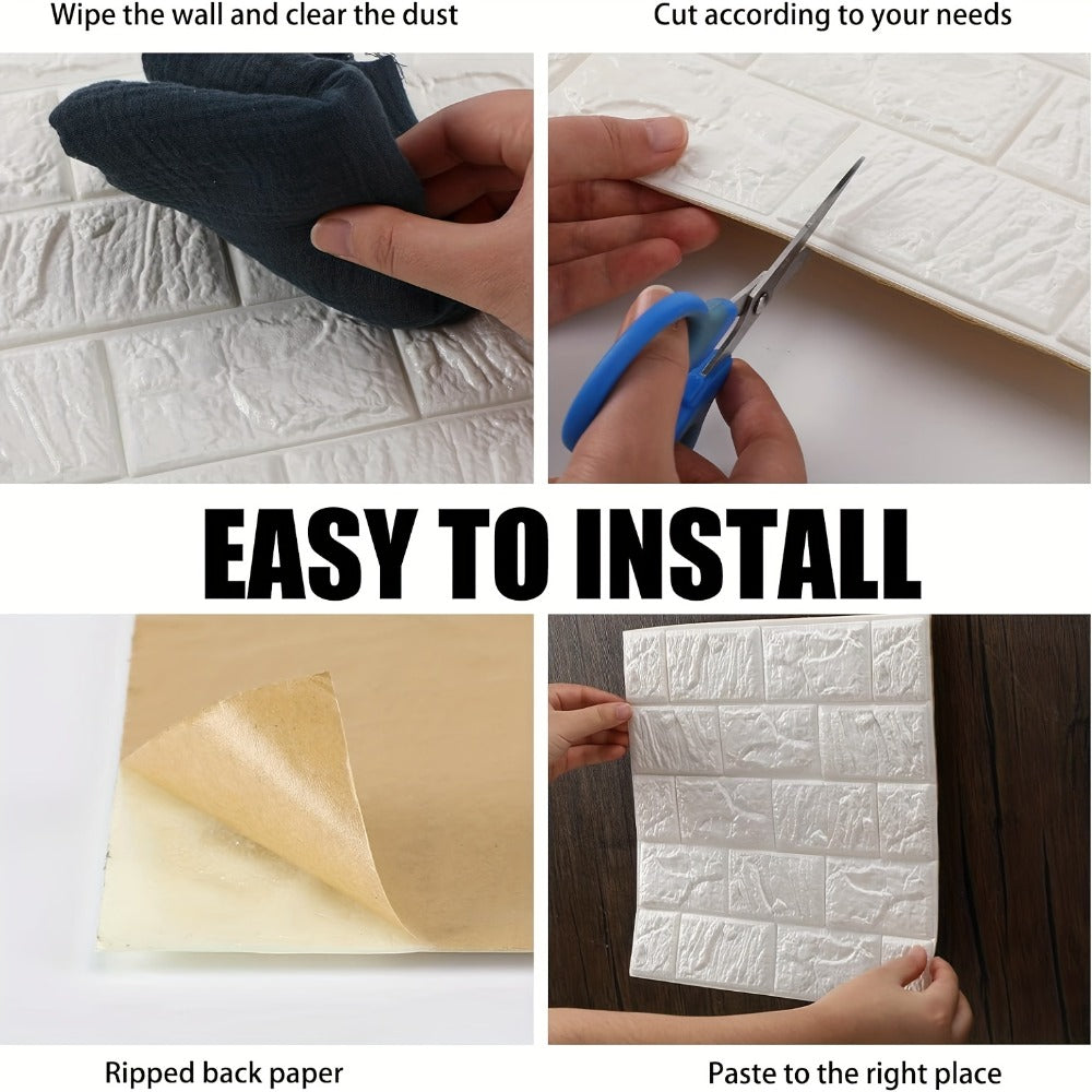 3D Foam Brick Wall Stickers 100pcs Self Adhesive Waterproof Peel and Stick Wallpaper Panels for Bedroom Living Room Bathroom Kitchen Home Decor White
