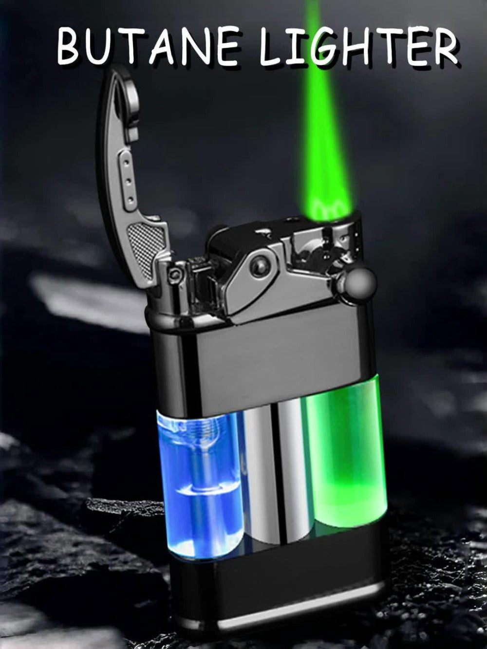 Green Flame Metal Lighter Windproof ¨C Refillable Butane Gas Lighter with Adjustable Flame, Fuel Window & Rocker Arm Ignition, Cool Multifunctional Lighter for Outdoor Camping BBQ Cigars (No Butane)
