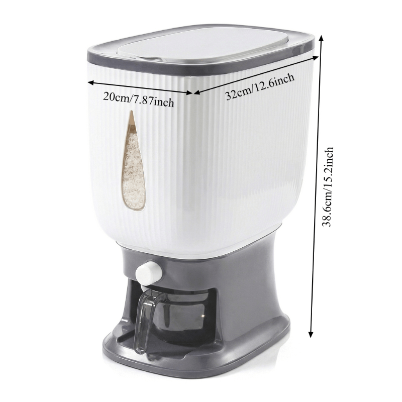 Rice Dispenser with Measuring Cup, 22LB Large Capacity 6-Chamber Sealed Grain Storage Container, Transparent Window, Moisture & Insect Resistant, One-Click Design for Rice Beans Flour Pet Food ¨C Kitchen Cabinet Organizer