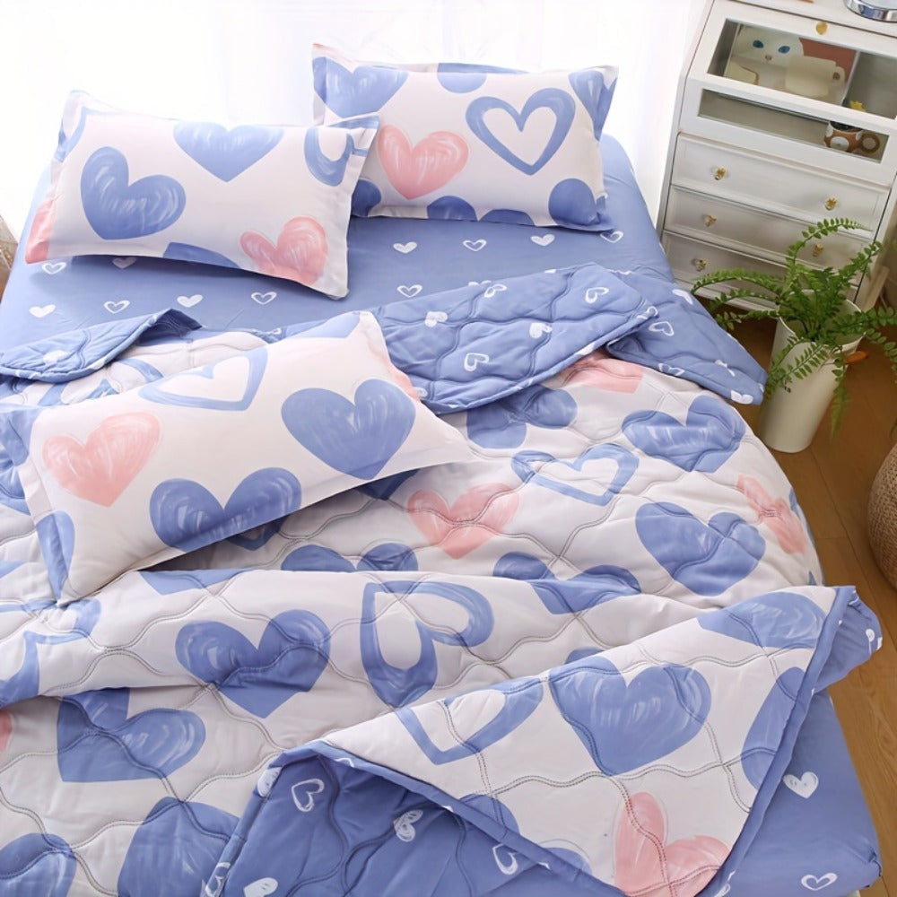 Summer Cooling Quilt Set 3-Piece, Skin-Friendly Thin Comforter with Embossed Print, Soft Breathable Four-Season Lightweight Quilt + 2 Pillowcases for Bedroom Hotel Sofa Single Double Full