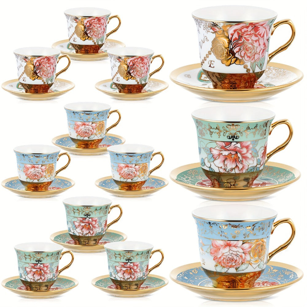 Floral Porcelain Tea Cups and Saucers Set of 12 ¨C 5.4 Oz British Style Tea Party Cups ¨C Classic Elegant Gift for Women ¨C Perfect for Birthday, Mother's Day, Church & Tea Parties