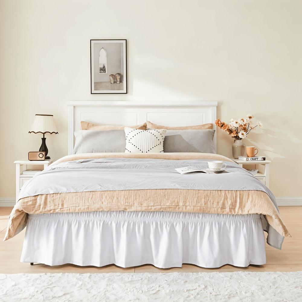 Bed Skirt with Adjustable Elastic Belt - Ruffle Microfiber Dust Ruffle 15 Inch Drop, Hotel Quality, Fade Resistant, Machine Washable, Easy Wrap Fit