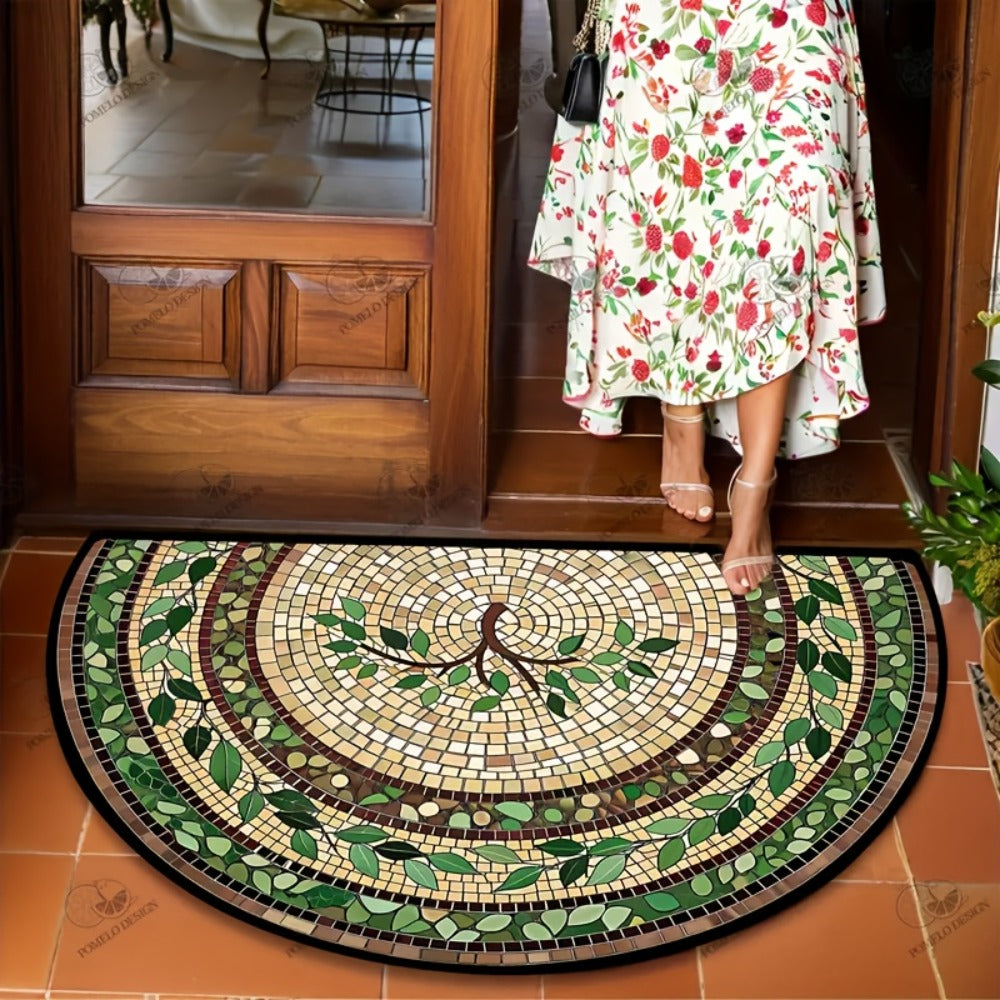 Welcome Mat Half Round Door Mat Ethnic Style Retro Stone Leaf Print Washable Indoor Outdoor Rug 32x20 Inch Non-Slip Entryway Mat for Front Door Kitchen Patio Courtyard Holiday Home Decor