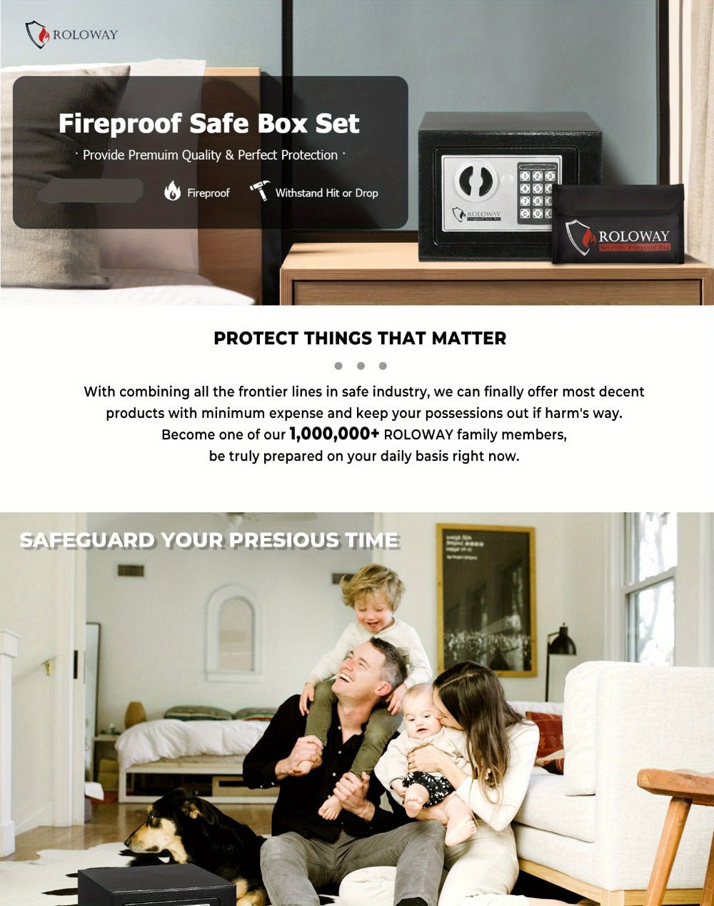 Fireproof Safe Box with Keyboard Lock ¨C ROLOWAY Home & Office Security Safe with Fireproof Bag, Multiple Sizes, Black & Pink Options