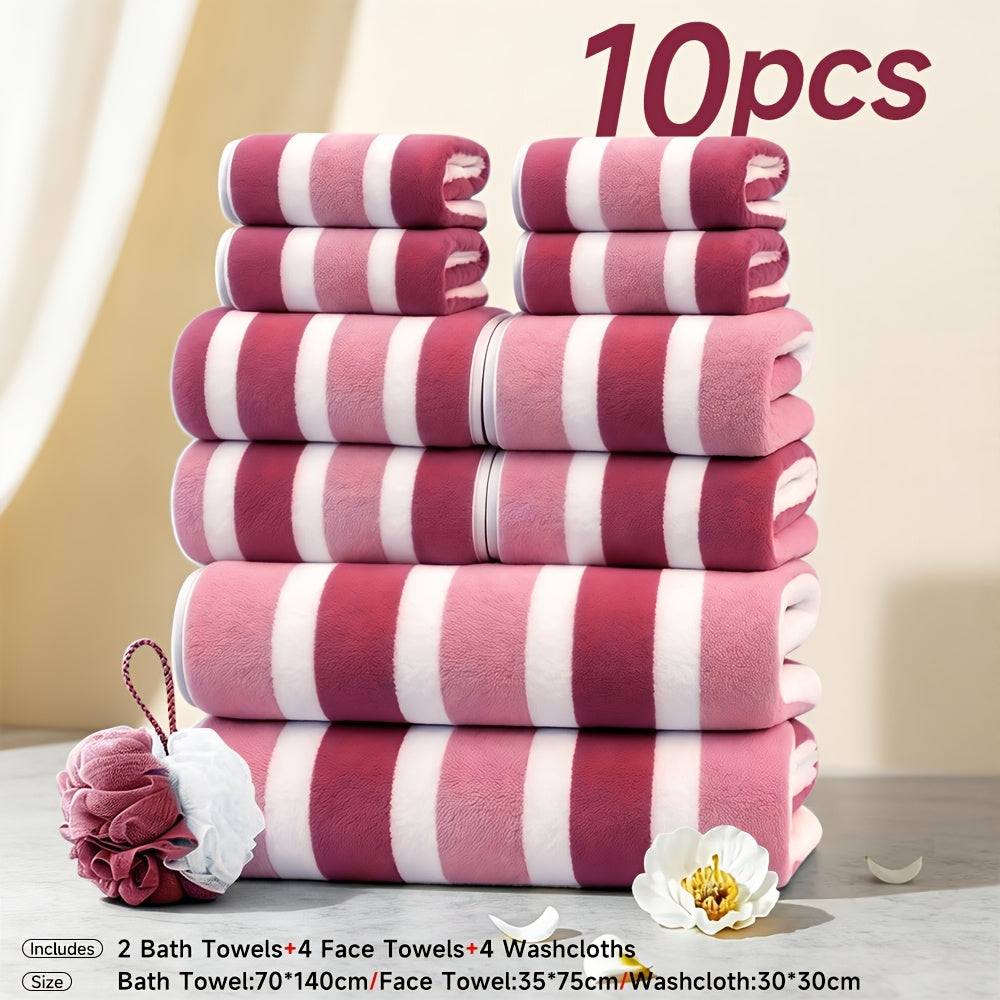 Microfiber Towel Set No Hair Loss Five-Star Hotel Standard - Ultra Soft 100% Polyester Two-Color Striped | 10pcs 3pcs 1pc | Green Brown Gray Red Blue | Bath Face Hand Towels with Bath Ball