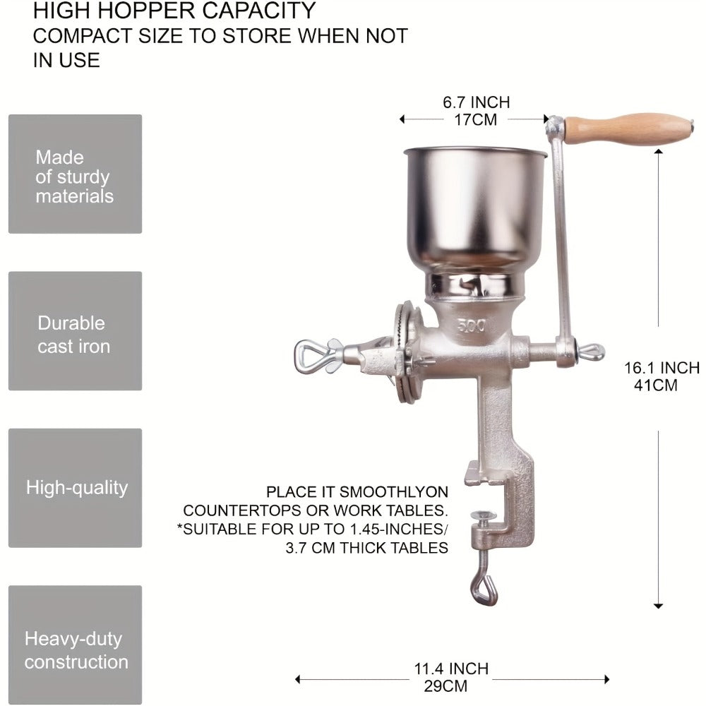 Cast Iron Grain Mill Manual Grain Grinder | Heavy Duty Hand Crank Food Mill | High Hopper with Clamp & Shield | Grinds Nuts Flour Corn Wheat Coffee | Kitchen Manual Grinder