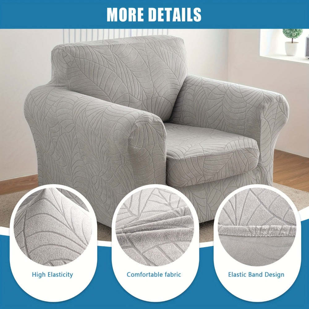 Armchair Slipcover 2pcs Set Jacquard Leaf Texture Stretch Chair Cover with Seat Cushion Cover Spandex Non-Slip Elastic Removable Washable Sofa Couch Cover for Living Room Dining Room Hotel Home Decor
