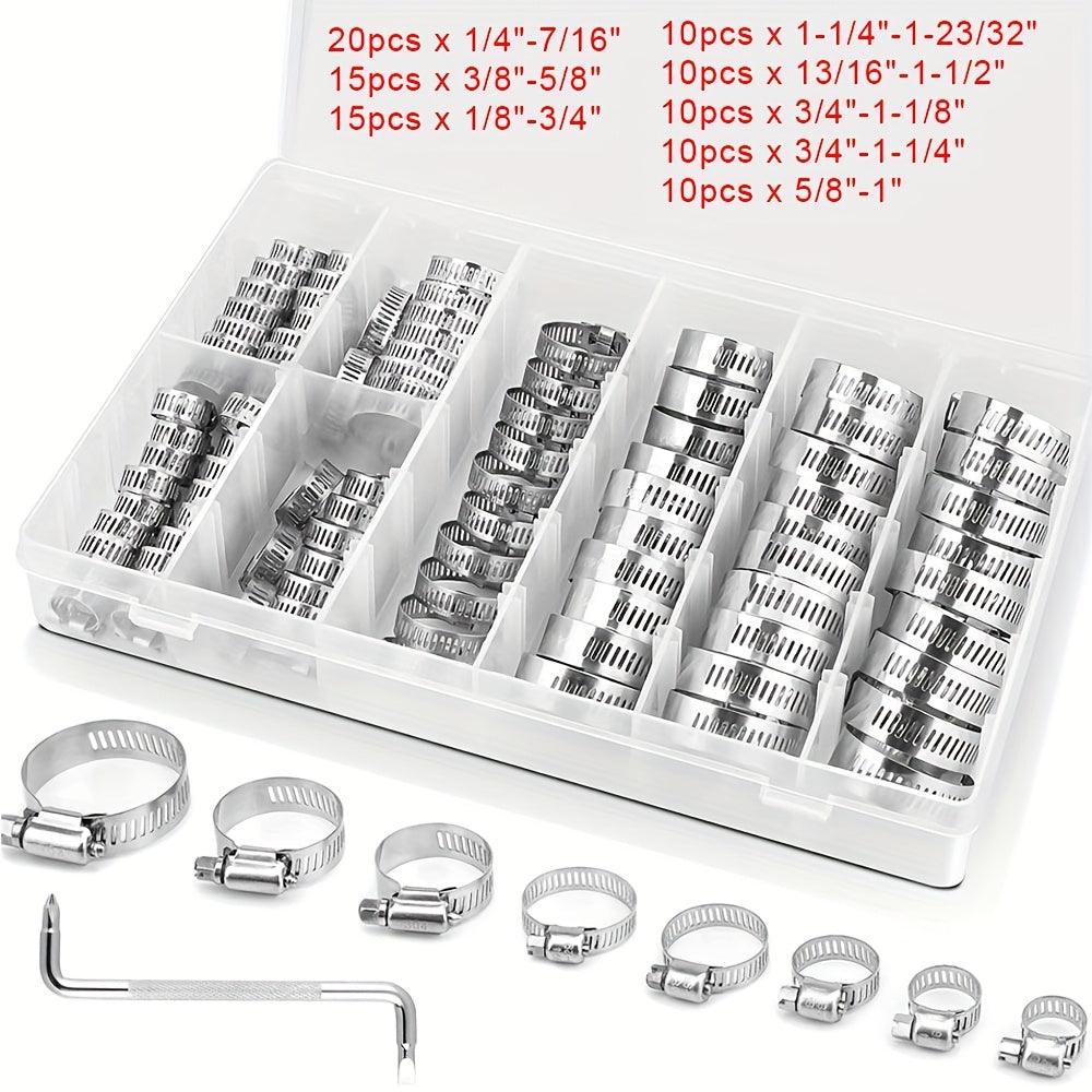 Stainless Steel Hose Clamps 100-Pack Assortment Kit - Multiple Universal Sizes Adjustable Hose Clips for Fuel Line Plumbing Automotive Garden Marine HVAC, Heavy Duty with Storage Case, Silver