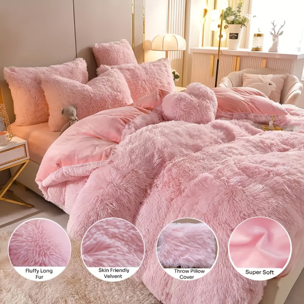 Fluffy Bedding Set 4pcs Soft Warm Plush Duvet Cover with Pillowcases Queen King - Cozy Autumn Winter Comforter Set 8 Colors