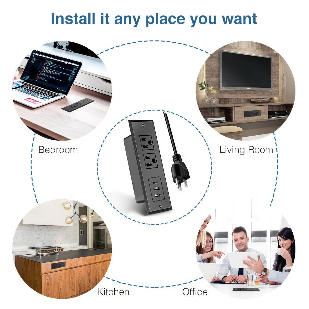 Recessed Power Strip Flush Mount Desk Outlet with USB-C & USB-A Ports In-Desk Power Grommet for Conference Room Office Table Furniture 1.5m Cord