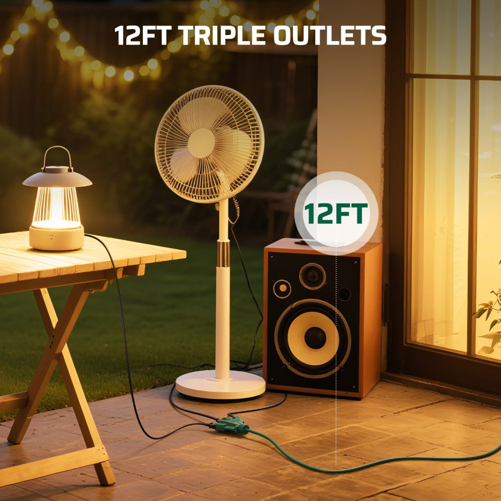 Green Extension Cord 3-Outlet Splitter 12FT 16/3 SJTW Flexible Copper Wire Triple Tap for Christmas Lights Holiday Decoration Landscape Lighting Outdoor Indoor Garage Workshop