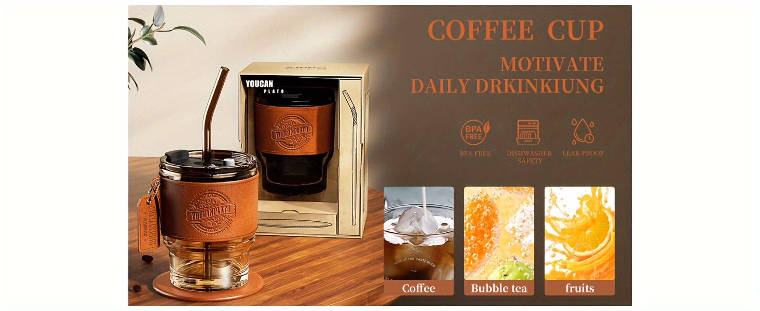 Glass Coffee Cup with Straw 14 Oz ¨C BPA-Free Glass Travel Mug & Water Bottle for Men & Women ¨C Tumbler for Coffee, Juice & Office Use ¨C Easy to Clean ¨C Brown & Dark Green