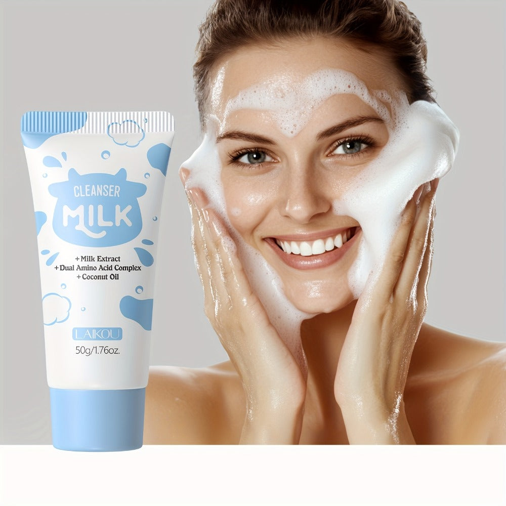 LAIKOU Milk Skincare Set 5pcs Hypoallergenic Moisturizing Face Care Routine Cleanser Serum Face Cream Cleansing Brush Hairband for All Skin Types Men Women Day Night