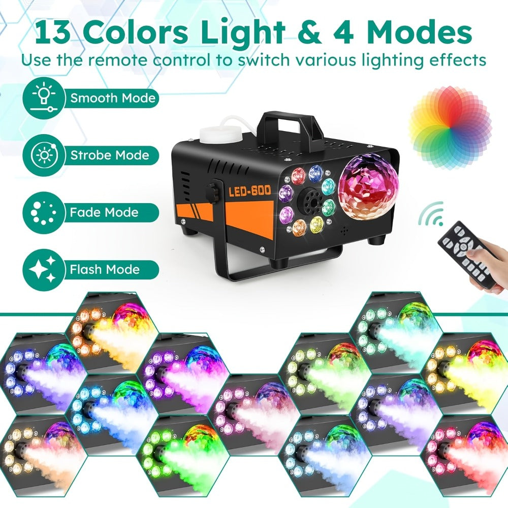 Fog Machine 600W with Disco Ball LED Lights | 3000 CFM Smoke Machine with 13 Colorful LED Effects & Wireless Remote | Party Fog Machine for Halloween, Wedding, DJ Stage, Indoor Events & Nightclub
