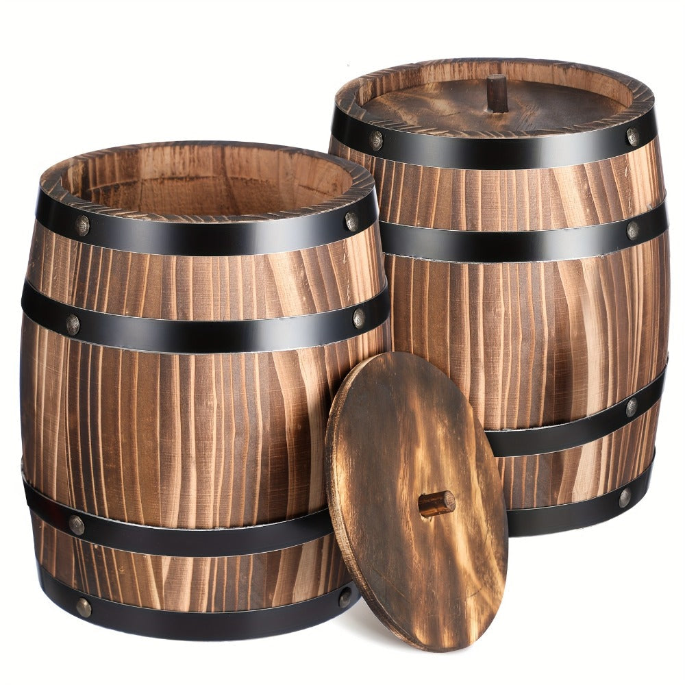 Wooden Barrel Vases Set of 2 for Rustic Wedding Centerpieces & Vintage Floral Arrangements - 8x6.5 Inch Wood Barrel Flower Vase for Farmhouse Table Decor, Indoor Outdoor Garden & Home Decoration