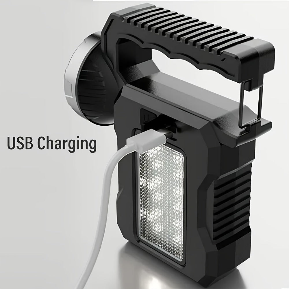 LED Searchlight Spotlight Solar & USB Rechargeable | High-Power Handheld Flashlight with Side Light Locking Clip 4 Modes | Camping Fishing Work Outdoor Emergency Gift