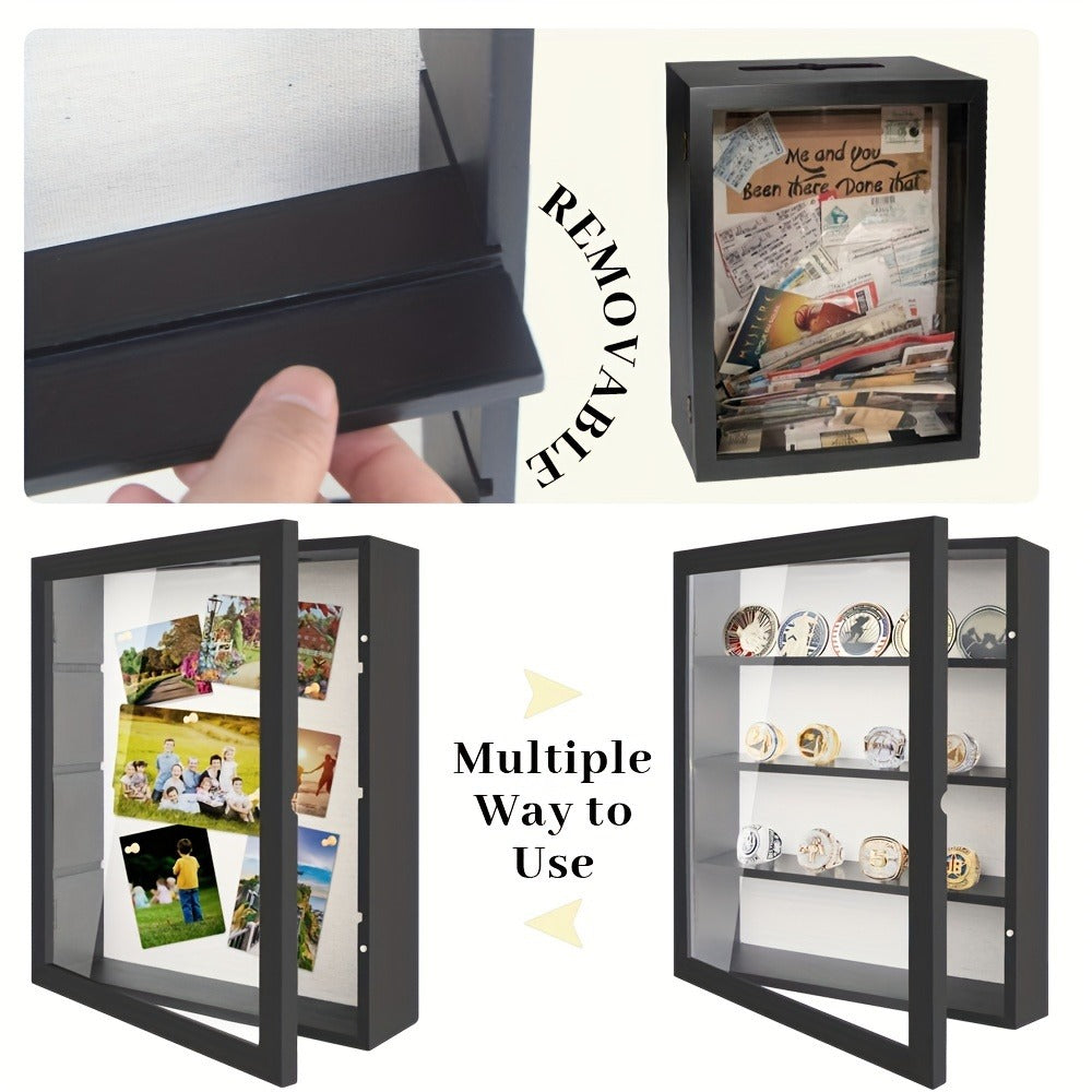 Shadow Box Frame 11x14 Large Memory Display Case with Linen Back - 4 Removable Shelves for Medals, Coins, Rings, Pins, Photos & Flowers | Deep Shadow Box for Collections, Country Farmhouse Style