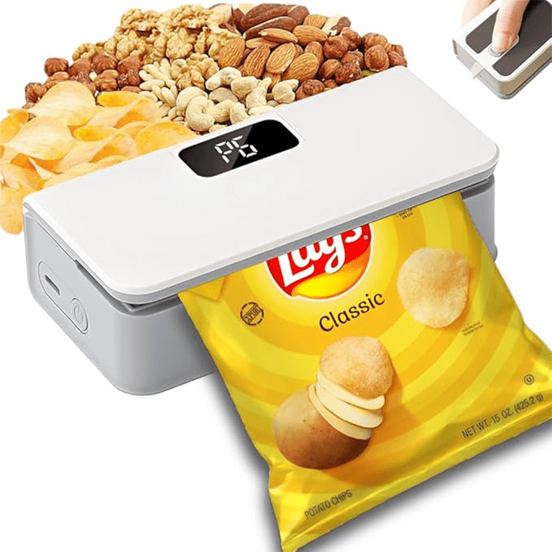 Portable Mini Bag Sealer USB Rechargeable ¨C Handheld Food Sealer with Built-In Cutter for Fruits, Vegetables, Snacks & Chips ¨C Compact Kitchen & Outdoor Picnic Sealing Tool, White & Blue
