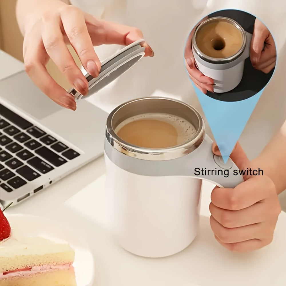 Self Stirring Coffee Mug with Magnetic Stirring Technology ¨C 13.3oz Stainless Steel Travel Mug, No Battery Needed, Spill-Proof Lid & Ergonomic Handle, Reusable Coffee Cup Gift Set ¨C White & Beige