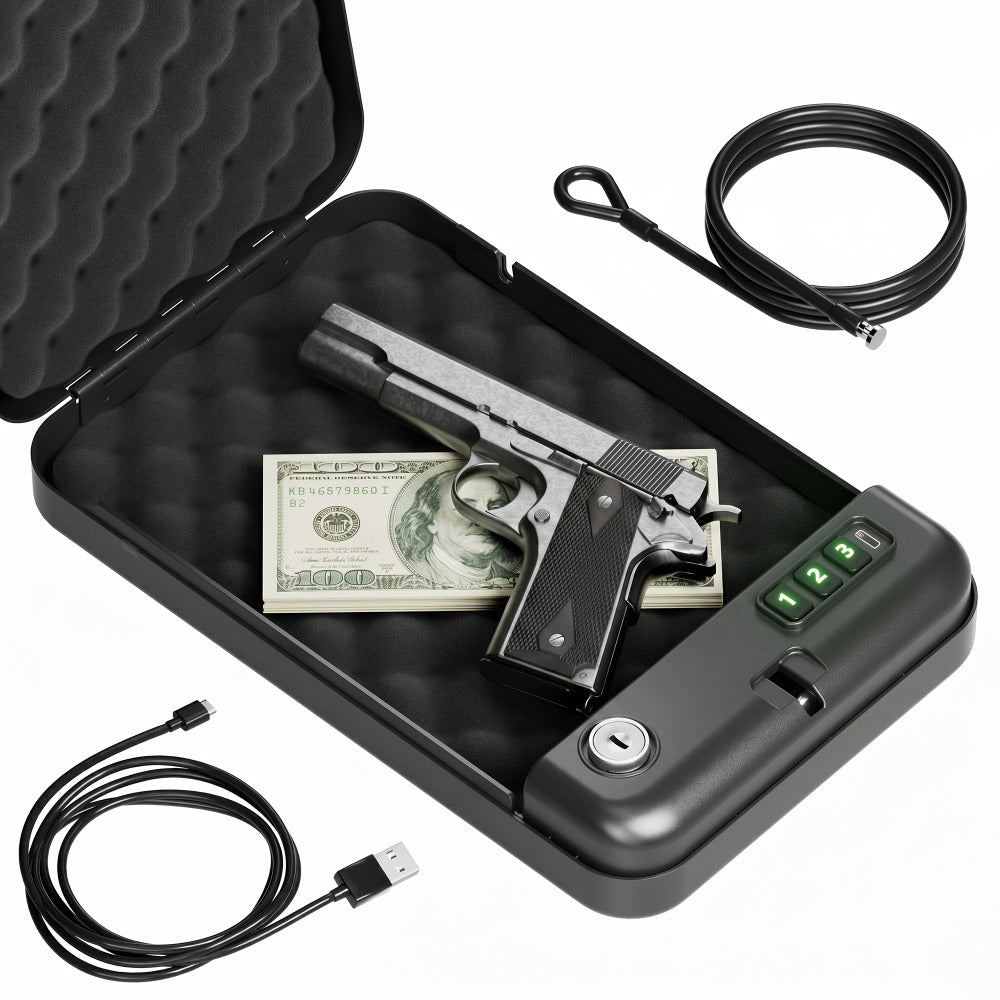 Gun Safe - Portable Pistol Safe Box with Electronic Password & Key Access, USB-C Powered, Silent Mode, Compact Security Lock Box for Home, Car, Travel, Office & Dorm