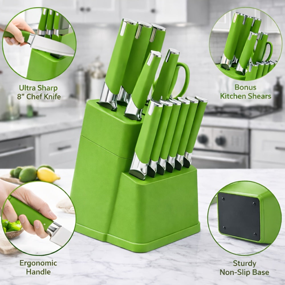 13-Piece Kitchen Knife Set with Block, Chef Bread Steak Knives Scissors Stainless Steel Colorful Cutlery Gift Set with Knife Holder