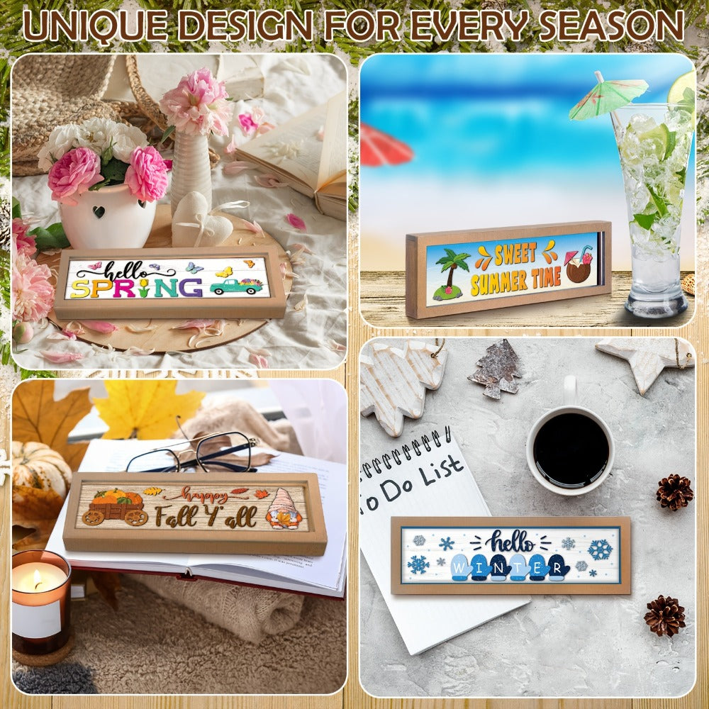 Interchangeable Seasonal Wood Welcome Sign 25-Piece Set ¨C Wooden Frame Table Decor with Swappable Holiday Signs for Fall, Thanksgiving, Halloween & Autumn Wreath Decoration