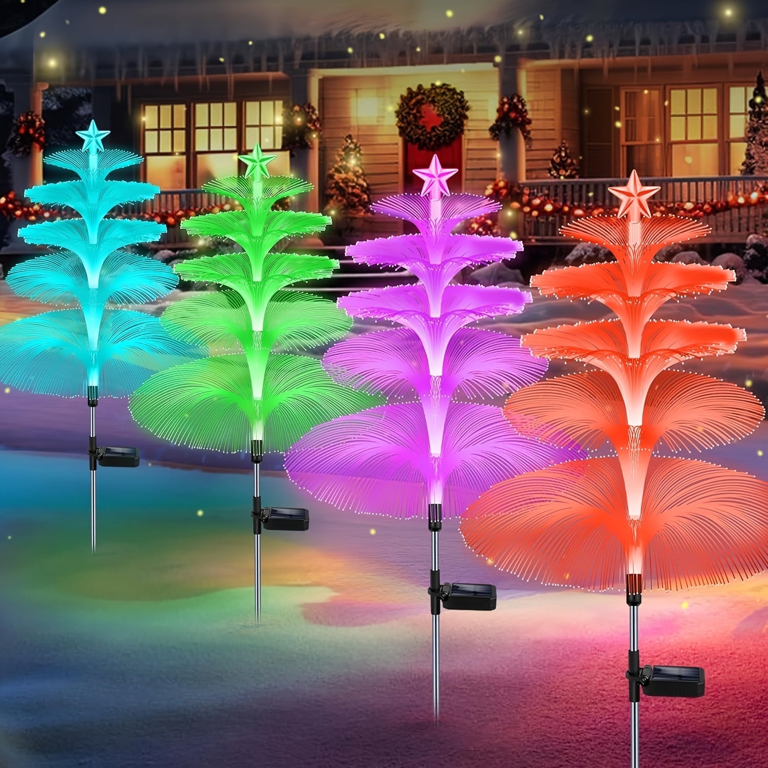 Solar Christmas Tree Lights Fiber Optic Star, 7-Color LED IP65 Waterproof Garden Stake Lights ¡ª 2 or 5 Layer Star for Lawn, Pathway, Patio & Holiday Decor | 2, 4 or 6 Pack