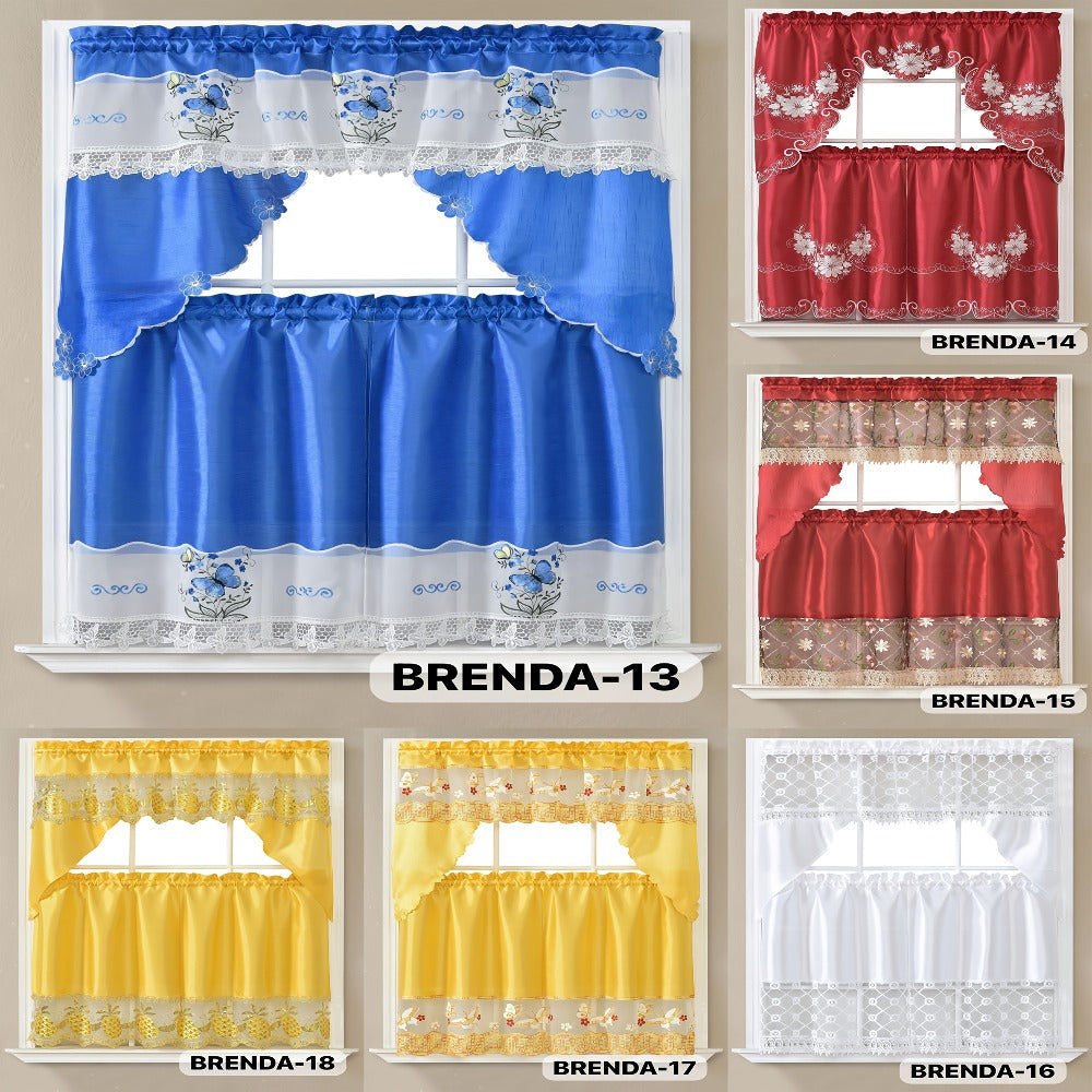 Kitchen Curtains 3 Piece Set Embroidered Satin Valance and Tiers - Rod Pocket Light Filtering Machine Washable 46 Colors Available All Season Home Decor