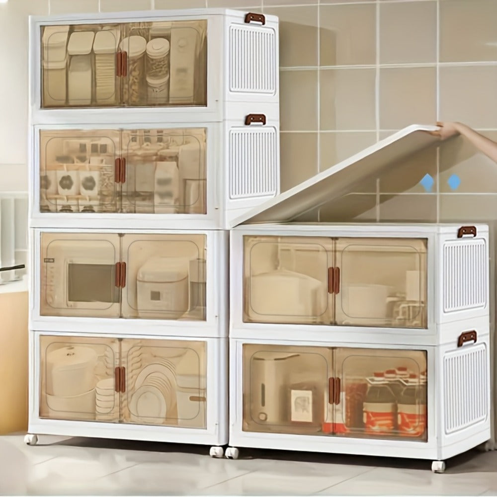 Stackable Storage Cabinet with Doors and Wheels | Collapsible Plastic Locker 1-5 Layers Large Capacity Home Organization for Bedroom Living Room Kitchen Easy Assembly Space Saving