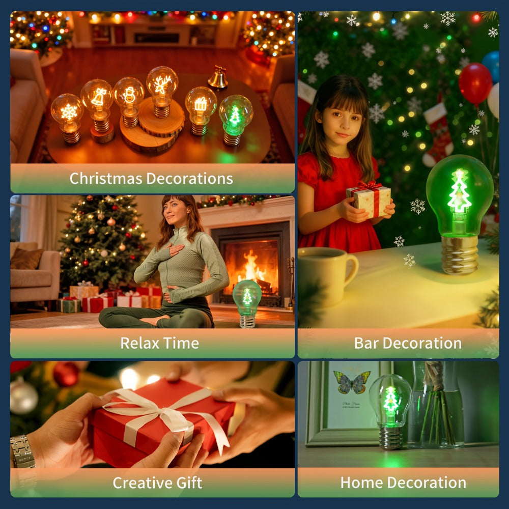 Christmas LED Decorative Bulb Type-C Rechargeable A19 Novelty Night Light ¨C Warm White Holiday Shape Bulbs for Indoor Table Window Decor, Bell Elk Snowman Snowflake Christmas Tree Gift Style