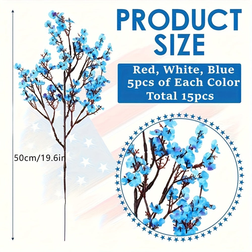 4th of July Artificial Flowers 15pcs Patriotic Red White Blue Fake Flower Arrangements Independence Day Home Decor Table Centerpiece Indoor Outdoor Maintenance Free Holiday Decoration