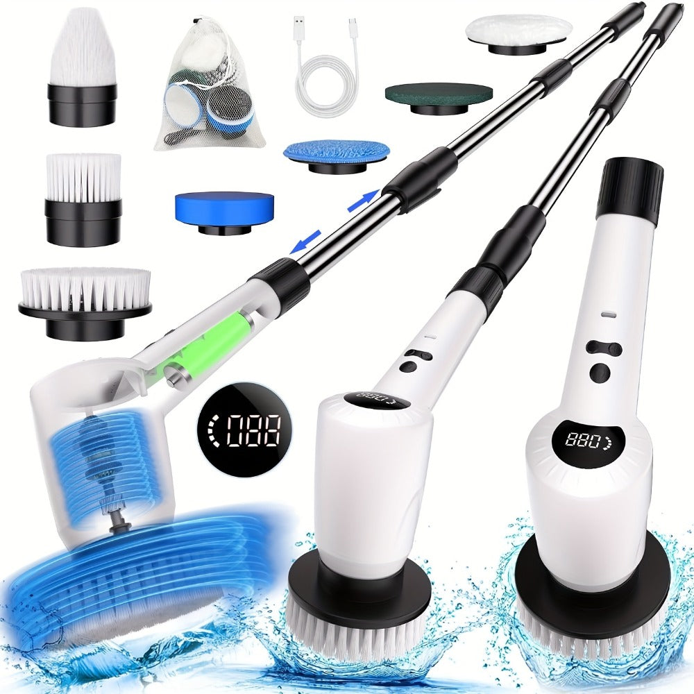 Electric Spin Scrubber 7-in-1 Cordless Rotary Cleaning Brush 7 Interchangeable Heads 3 Speed Settings Adjustable Extension Arm Power Display for Bathroom Shower Tile Grout Kitchen