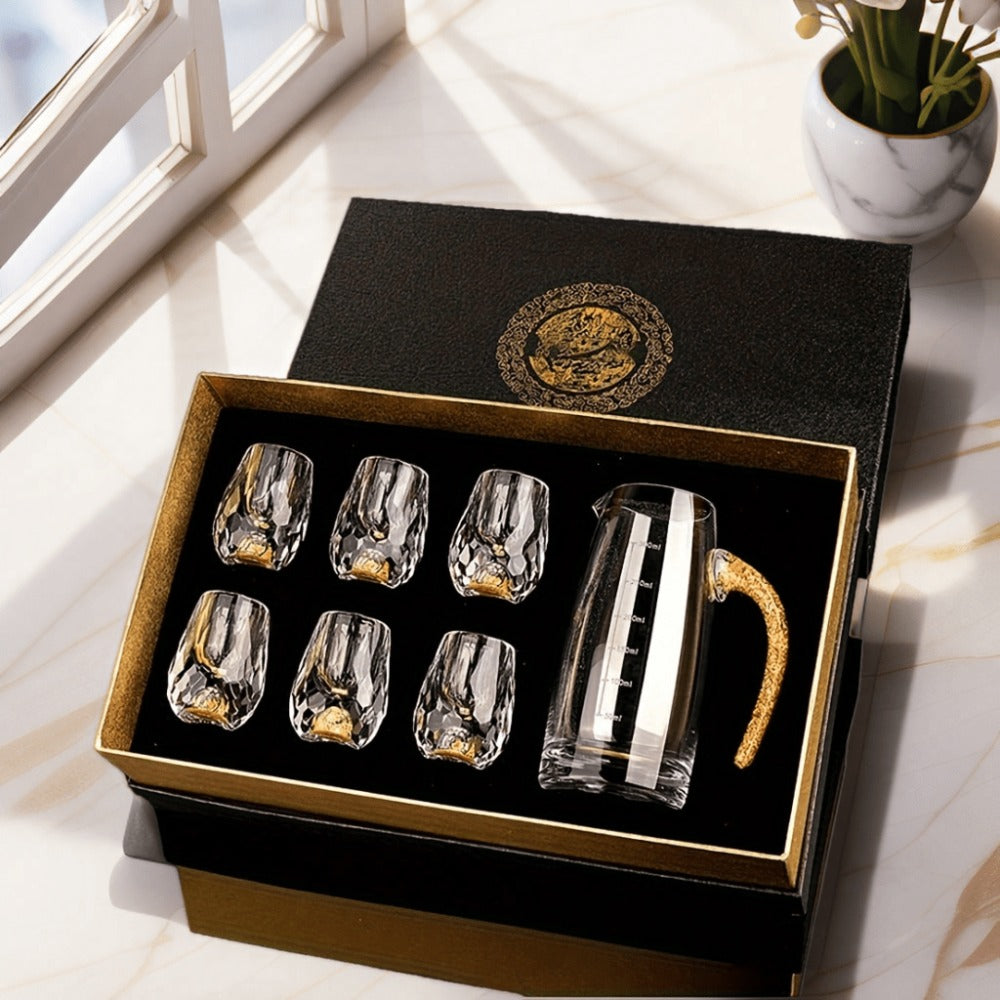24K Gold Plated Crystal Wine Set ¨C 1 Decanter & 6 Cups with Leakproof Crystal Glasses ¨C Elegant Black Gift Box ¨C Luxury Home Bar, Wedding & Party Gift for Wine Lovers