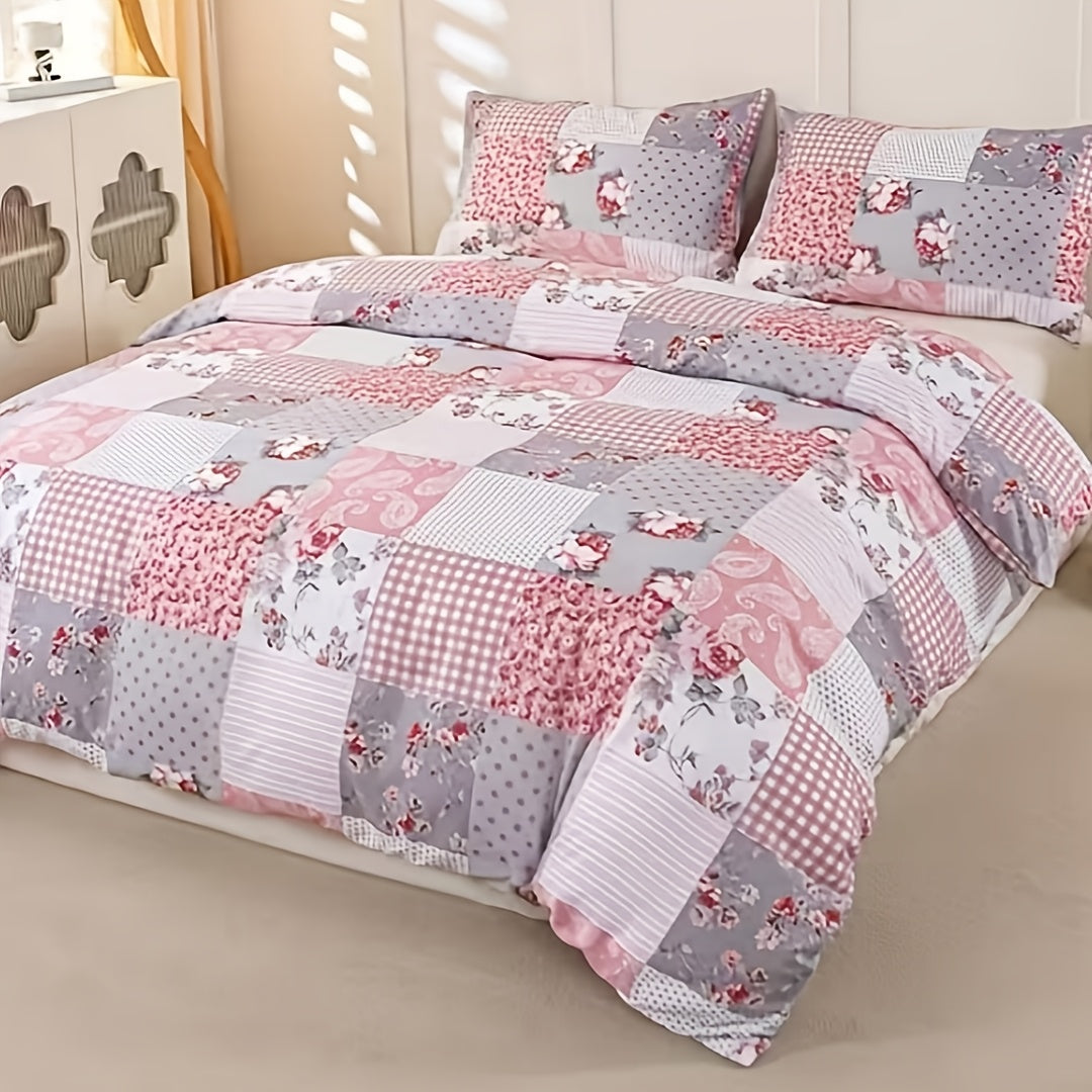 Floral Duvet Cover Set 3 Piece - Zipper Closure Patchwork Comforter Cover with 2 Pillowcases, All-Season Lightweight Kids Bedding Set, Pastoral Flower Plaid Print, Twin Full Queen King