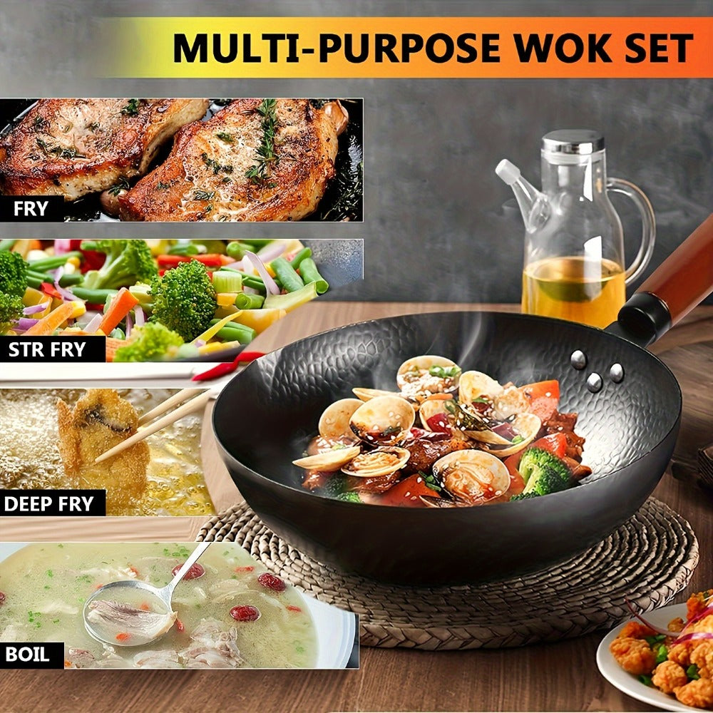 Carbon Steel Wok Set with Lid & Accessories ¨C 14-Piece Non-Stick Stir Fry Pan 12.6¡± for Gas Electric Induction All Stoves | Wok Pan with Spatula Brush Ring Utensils Kitchen Cooking Set