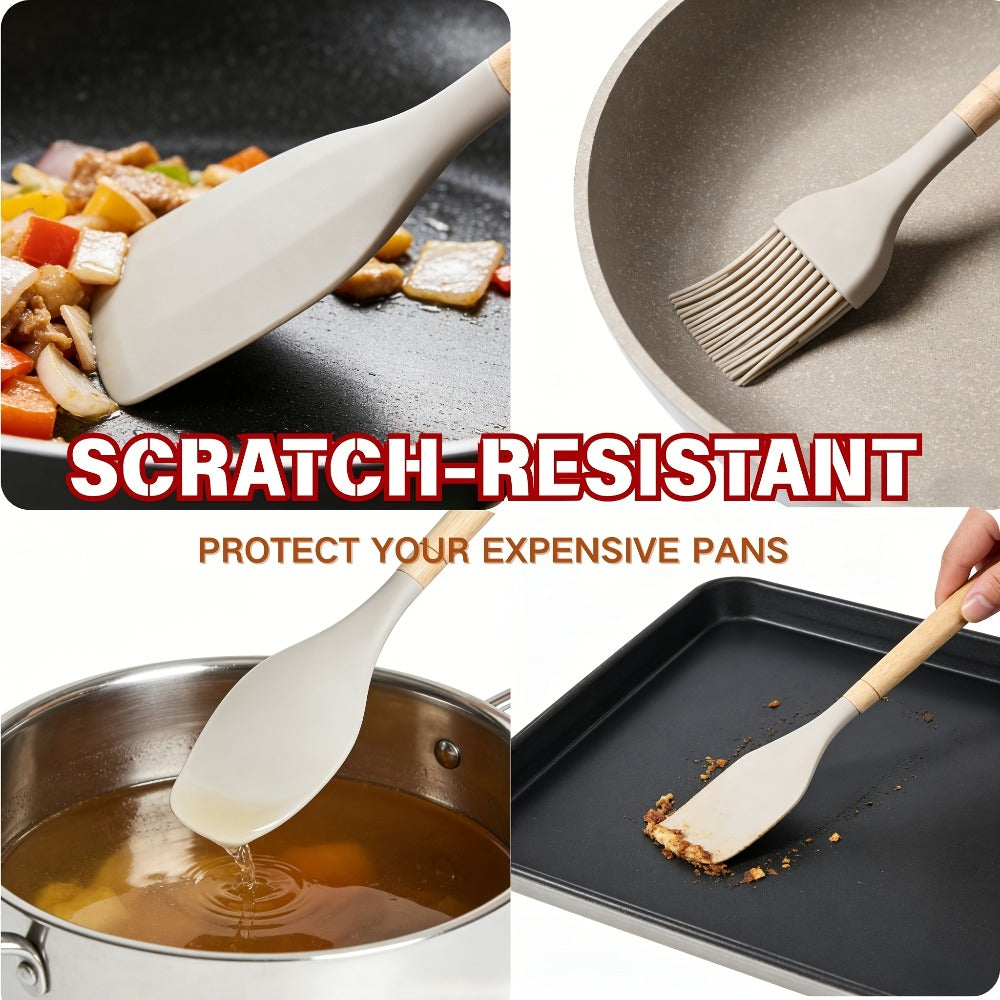 Silicone Kitchen Utensil Set 12PCS with Wooden Handle - Heat Resistant Non-Stick Safe Cooking Spatula Spoon Turner Tongs Brush with Holder for Home Restaurant Gift