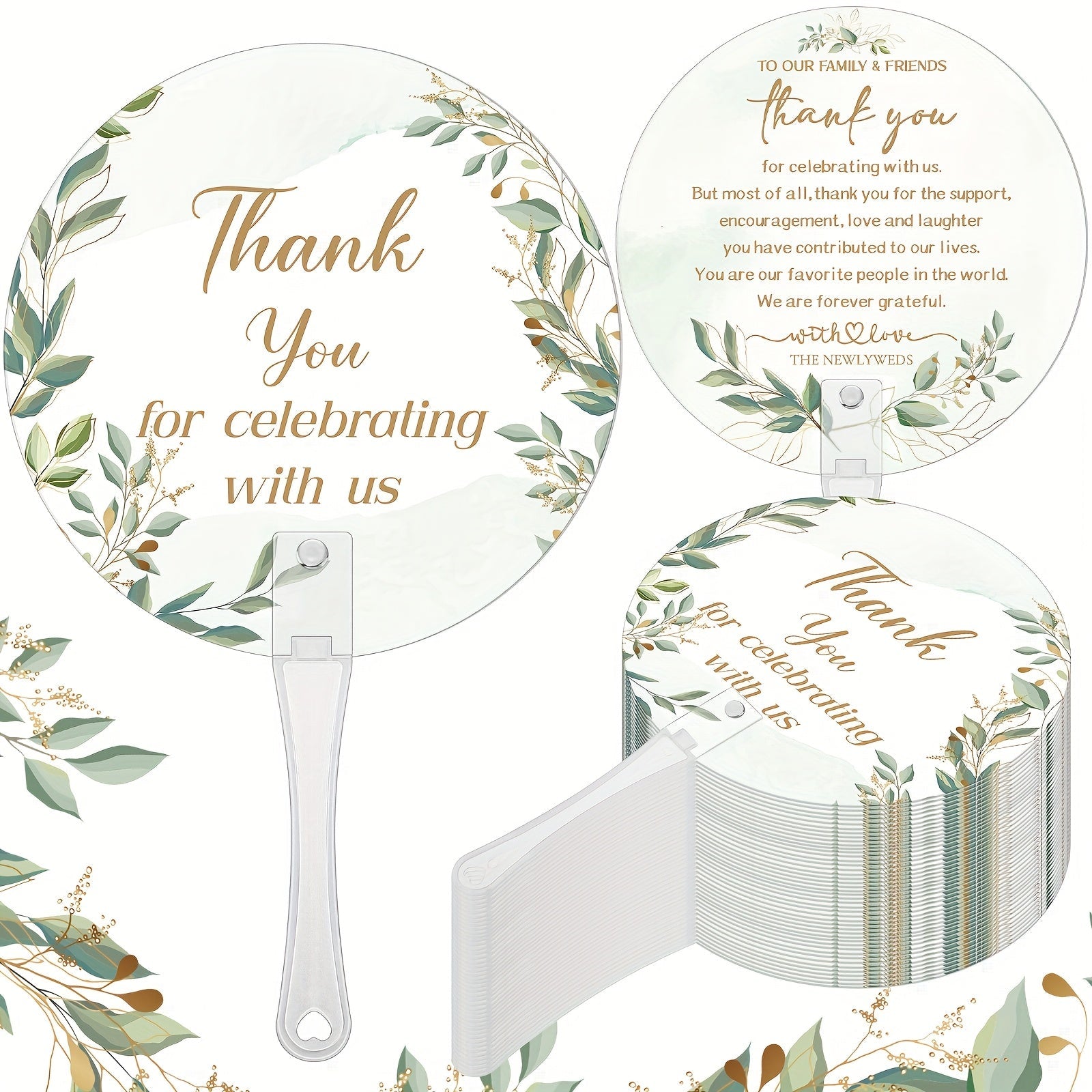 Wedding Hand Fans 100pcs Bulk Plastic Handheld Fans with Handle Greenery Leaf Design Cooling Fans for Ceremony Bridal Shower Party Guests Outdoor Hot Weather Events