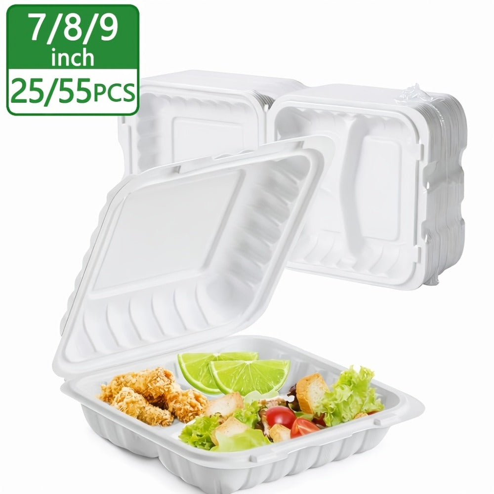 Disposable Food Containers Take Out Boxes with Lids - 7¡± 8¡± 9¡± Plastic Clamshell Meal Prep Containers BPA Free 1 & 3 Compartment Heavy Duty Reusable White
