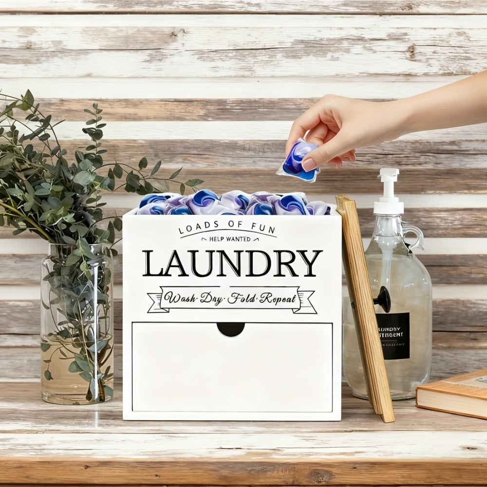 Dryer Sheet Holder with Drawer & Lid | Farmhouse Wood Laundry Pod Dispenser | Wall Mount or Countertop Organizer for Laundry Room Storage, Black & White