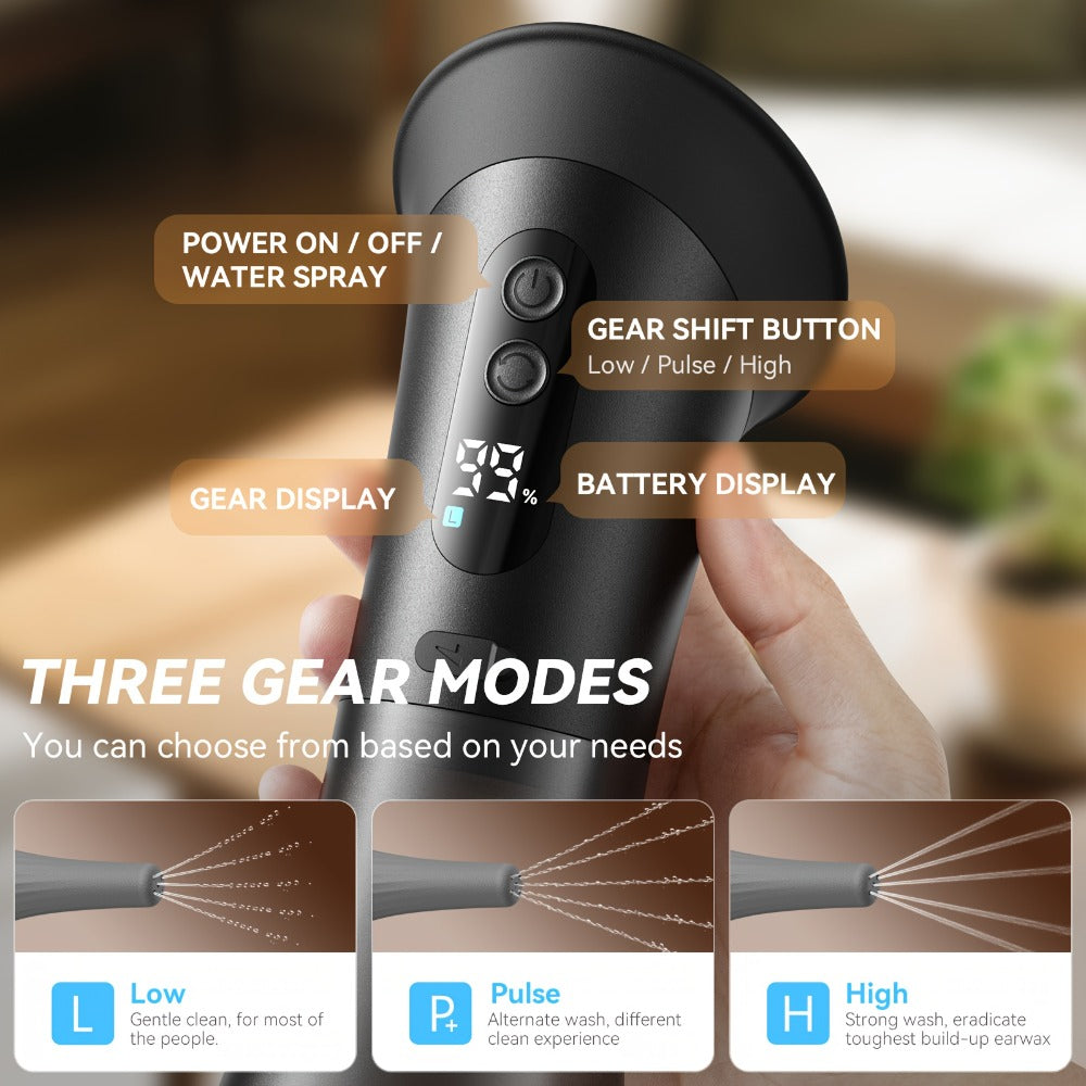 Electric Ear Wax Remover Rechargeable - LED Battery Display, 3 Pressure Levels, Integrated Waste Water Tank, Gentle Earwax Cleaning Tool for Home Use - Safe Ear Irrigation Cleaner for Adults & Kids