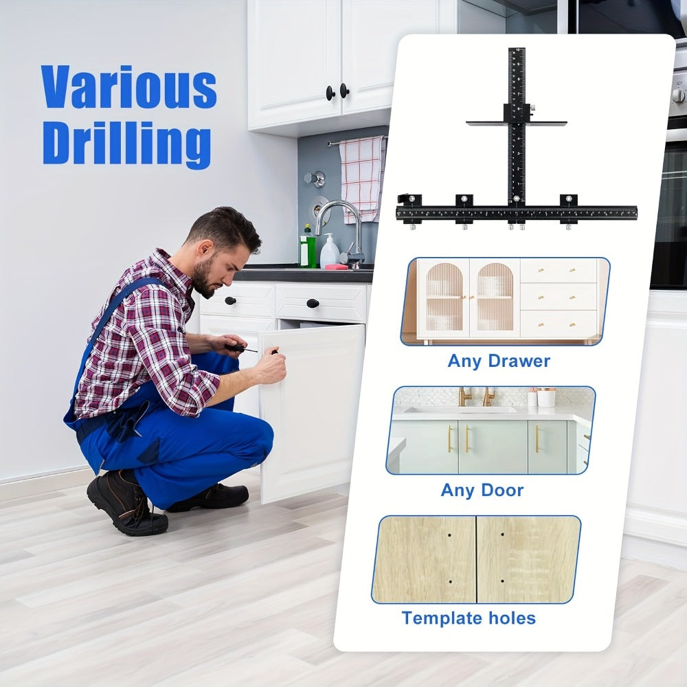 Cabinet Hardware Jig Aluminum Alloy Adjustable Drill Guide Template for Cabinet Door Handle Drawer Pull Installation CNC Precision Woodworking Positioning Fixture Tool