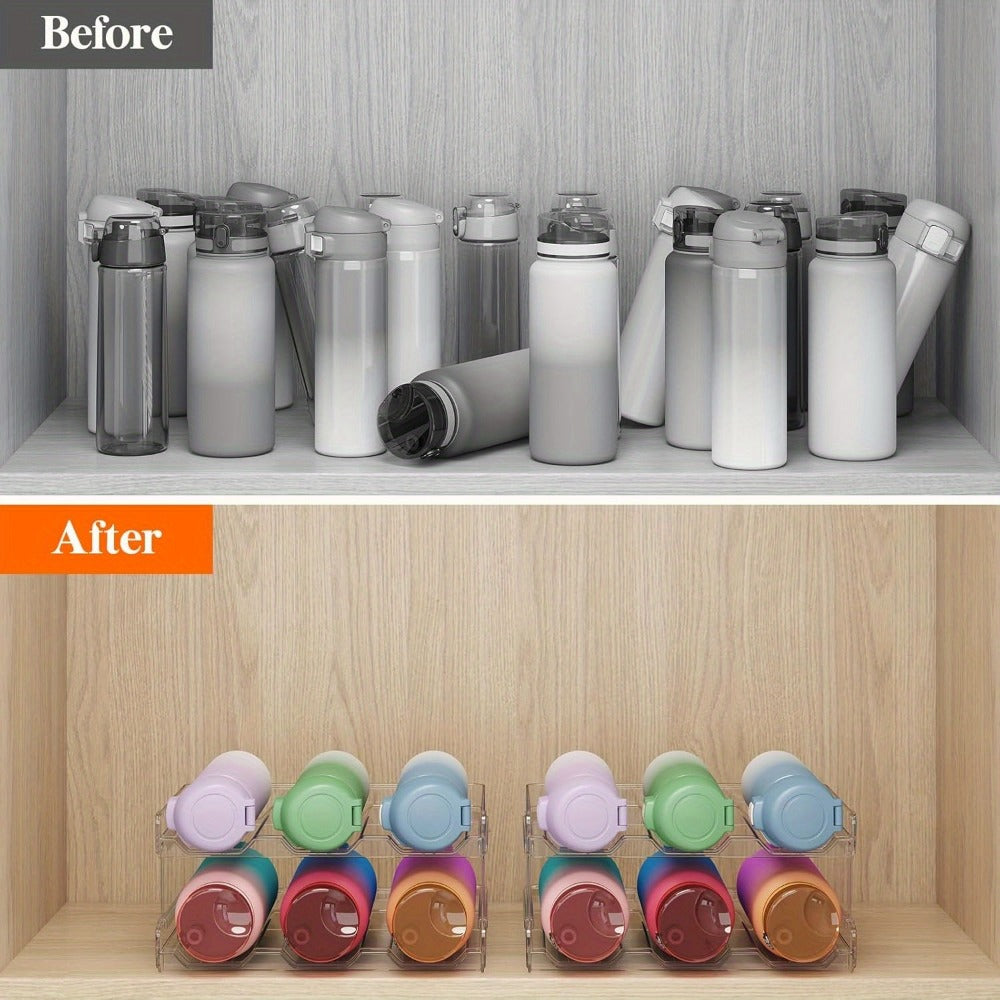 Stackable Water Bottle Organizer for Cabinet & Kitchen Pantry ¨C Tumbler Travel Mug Cup Holder, Plastic Fridge Wine Rack, Holds 5/6/8/9/11/12 Bottles