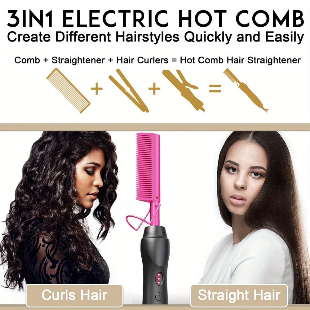 Electric Hot Comb Hair Straightener ¨C 3-in-1 Ceramic Pressing Comb for Natural Hair, Beard & Wigs, Curling & Straightening Iron with Protective Holder, Bonus 2 Clips & 1 Comb, Gift Ready