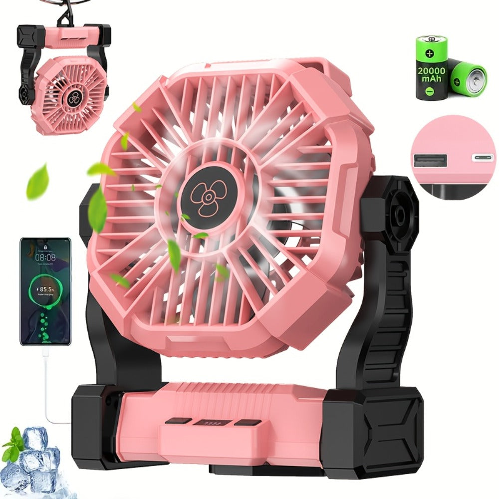 Portable Outdoor Fan 20000mAh, 3-in-1 Rechargeable Camping Fan with LED Lantern & Power Bank, Timer Rotation Hook for Tent Golf BBQ Travel Party Power Outage, Pink Green Black Orange Purple Blue