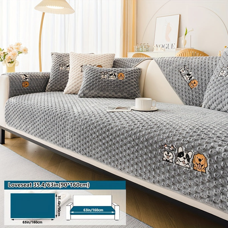 Velvet Sofa Slipcover Honeycomb Texture 1pc - Cute Dog Embroidery Bohemian Style Non-Slip Pet Friendly Machine Washable Polyester Couch Cover | Gray Khaki White | 2 3 4 Seat Living Room Home Decor