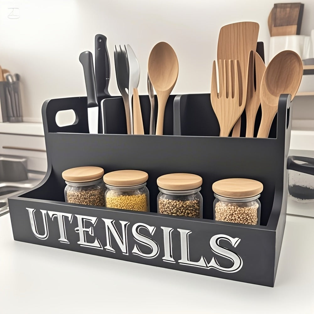 Kitchen Utensil Organizer Extra Large 4 Compartments Wooden Countertop Crock Farmhouse Rustic Cooking Utensil Holder for Kitchen in White and Black
