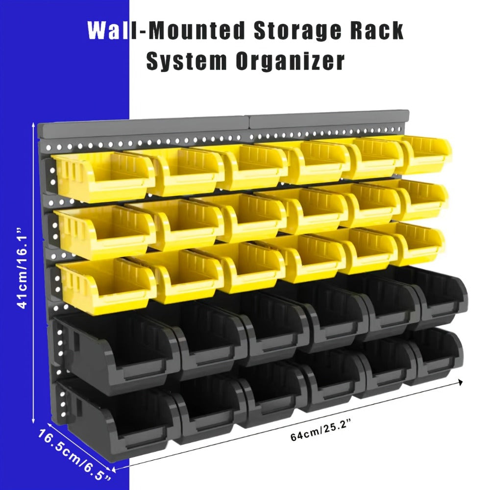 Wall Mounted Storage Bin Rack System ¨C Heavy Duty Small Parts Organizer for Screws, Nuts, Bolts & Nails | Stackable Garage Workshop Tool Storage Rack | 30/60/90 Bins Hardware Organizer