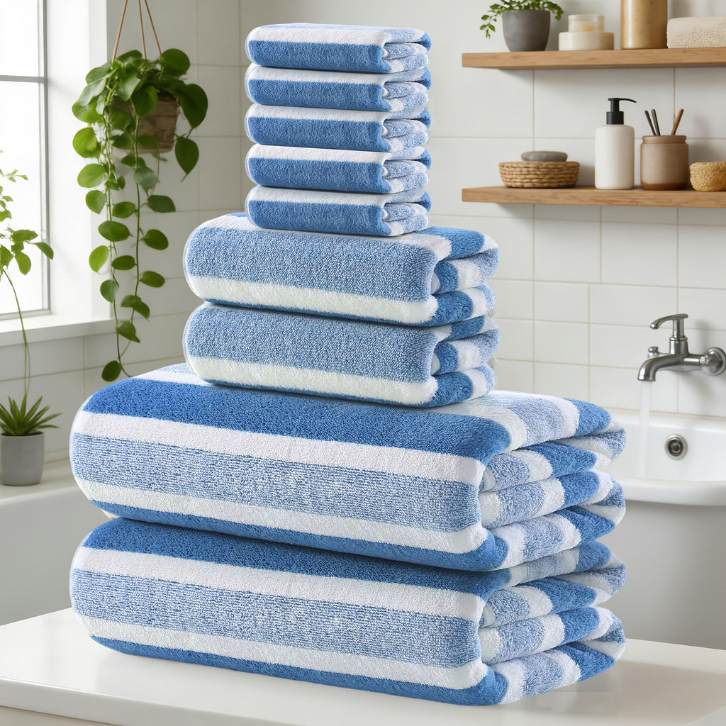 Coral Fleece Towel Set 9 or 15 Piece No Hair Loss 320GSM - Super Soft Absorbent Two-Color Striped | 2 Bath 2 Face 5 Hand Towels | Gray Brown Red Green Blue Mixed | Bathroom Beach Essentials