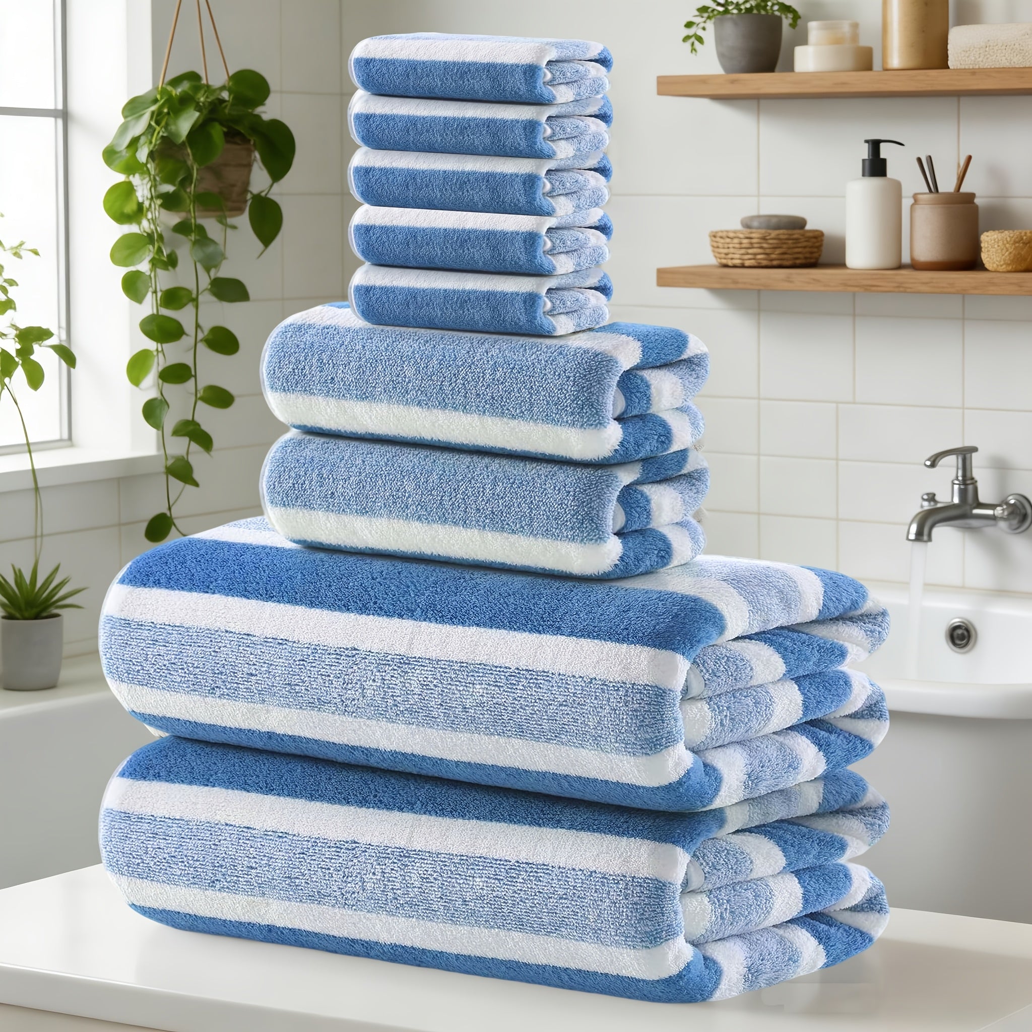 Coral Fleece Towel Set 9 or 15 Piece No Hair Loss 320GSM - Super Soft Absorbent Two-Color Striped | 2 Bath 2 Face 5 Hand Towels | Gray Brown Red Green Blue Mixed | Bathroom Beach Essentials