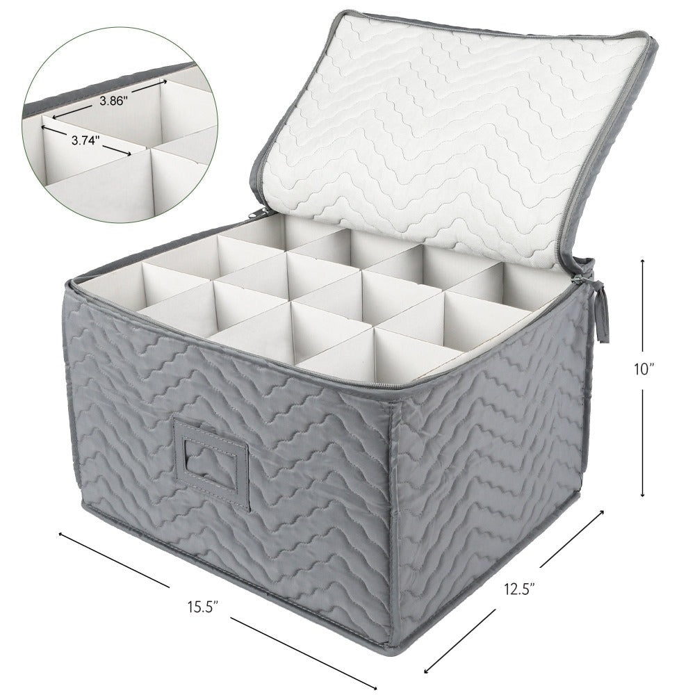 Wine Glass Storage Case 12-Compartment Quilted Stemware Box with Dividers 15.5x12.5x10 Inch Gray